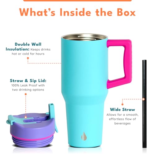 Image of Elemental 100% Leak Proof 32oz Tumbler with Handle & Straw Travel Mug | Stainless Steel Double Wall Insulated Tumbler for Hot and Cold Beverages with Sip & Straw Lid