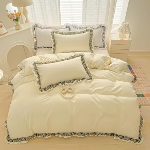 IHOUSTRIY Black Lace Ruffle Duvet Cover Set, 3 Piece Cream Yellow Bedding Queen Size, Cute Girls’ Room Decor, Comforter Cover 90x90 inches with Pillow Sham, Comforter Not Included