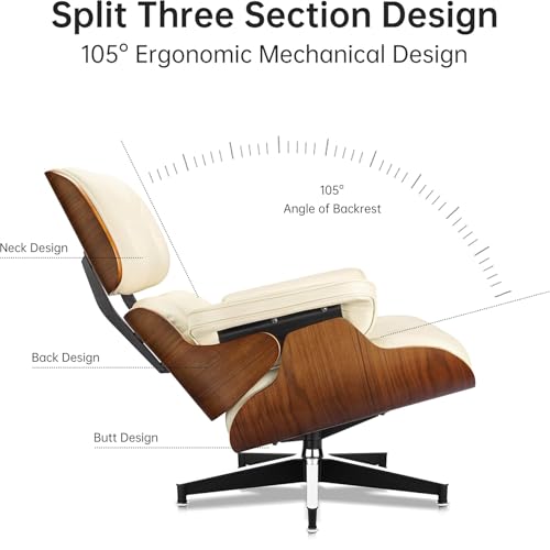 Image of Top Cream White Grain Leather, Mid Century Chaise Lounge Chair and Ottoman, Modern Chair Classic Design, Walnut Wood, Heavy Duty Base Support for Living Room Office