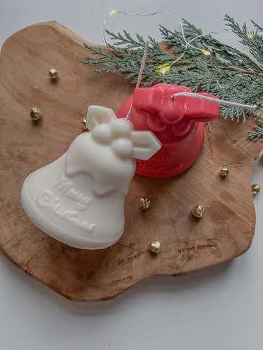 Image of Festive Bell-Shaped Soy Wax Christmas Candle, White, Holiday Theme Decor, Scented, Handcrafted Design with Decorative Bow Detail Shaped Christmas Candle