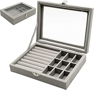Jewellery Box Organiser 9 Grids Jewelry Storage Case, Velvet Lockable Jewellery Organiser, Removal Tray, Ring Storage Slot, Ring Jewellery Display Storage Box Tray for Rings Earrings Necklace - Grey