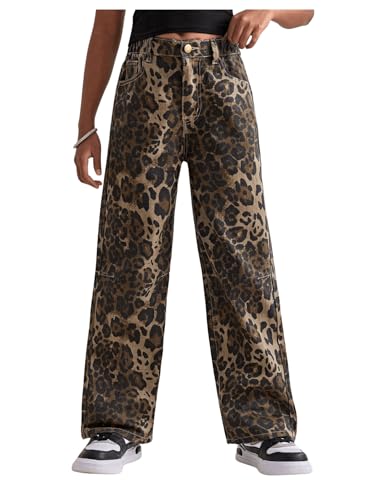 Floerns Girl's Leopard Jeans Mid Waist Straight Leg Y2k Grunge Denim Pants