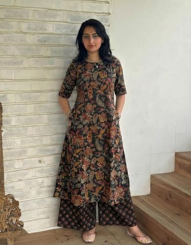 Image of ANNI Designer Women's Rayon Viscose Straight Printed Kurta with Palazzo | Elbow Length Sleeve Kurti Set | Close Neck with Back Slit | Soft Comfortable Fabric | 2 Piece Outfit