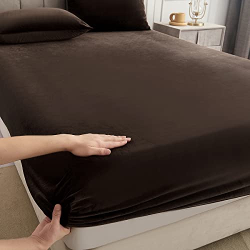 Velvet Flannel Fitted Sheet Queen Size,Super Soft Thickened Fleece Plush Bed Sheet Mattress Protector Cover,Warm Bed Fitted Sheets With 8-16" Deep Pocket,1 Pack Fitted Sheet Only（Khaki） #TOP1
