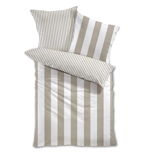 Traumschlaf Mako-Satin Wende-Bettwäsche Los Angeles – Edle Satin Bettwäsche aus 100% Baumwolle mit moderner Streifenoptik in warmen Naturtönen – 135x200 cm + 80x80 cm, beige