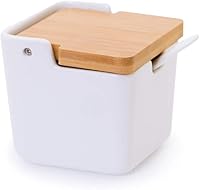 Vista 13 de Azucarero de cerámica con tapas de bambú y bandeja para servir cucharas, recipiente de azúcar de porcelana para azúcar, té, café, especias