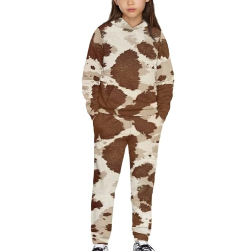 YECARYPOD Brown Cow Print Boys Girls Hoodie and Sweatpant Set for Kids 2 Piece Outfits Pants Set Active Sweatsuit Fashion Tracksuit Long Sleeve Pullover Sweatshirt Jogger Pants