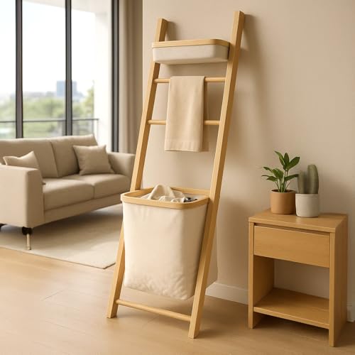 Bamboo Blanket Ladder with Laundry Basket, Free-Standing Towel Rack, Wooden Storage Shelf & Decorative Towel Ladder for Bathroom, Bedroom or Living Room - Image 2