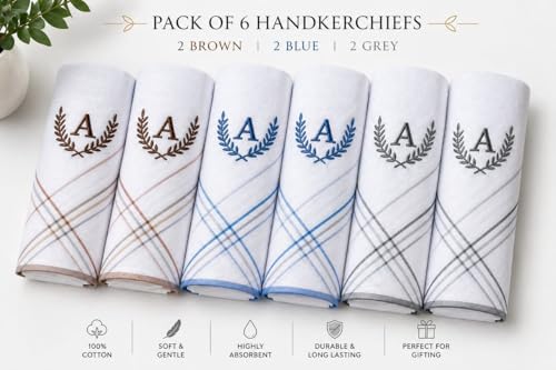 Image of GOLU MOLU Cotton White Formal Handkerchief Pack Of 6 | Office Travel Daily Use | Custom Initial Design | Free Size | Cotton Fabric | Customised N95 Mask Included