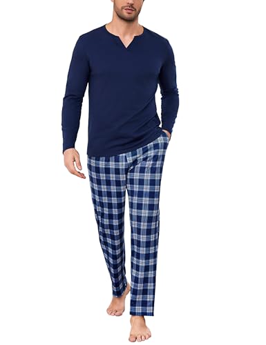Bresdk Pijama Hombre Invierno Algodón Talla Grande Conjunto Pijamas Largo Ropa de Dormir Suave y Transpirable Azul-B 3XL