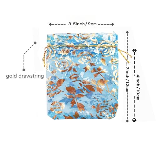 Image of 100 pcs 3.5 x 4.7 Inch Flower Heart Organza Jewelry Gift Pouch Candy Pouch Drawstring Wedding Favor Bags X92 (turquoise gold flower)