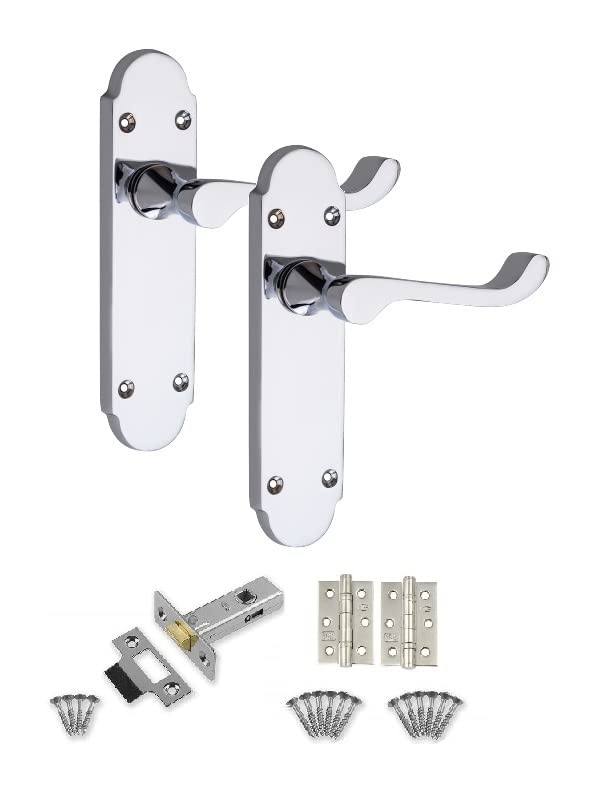 Golden Grace Victorian Epsom Design Scroll Door Handles Latch in Polished Chrome with 1 Pair of 3" Ball Bearing Hinges & Latches Pack, 1 Set - 168mm x 40mm Backplate
