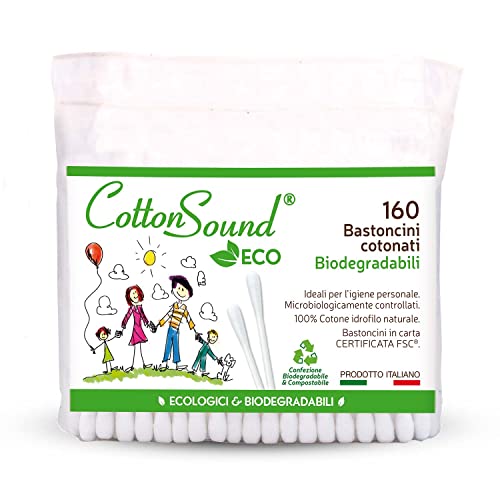 COTTON SOUND ECO Bastoncini Cotonati Busta 1 confezione x 160 Pezzi, Bastoncini Cotonati Ecologici e Biodegradabili, 100% Puro Cotone Idrofilo, Busta Compostabile, Made in Italy