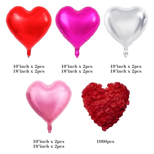 Heart Balloons Valentines Balloons - 18in 10in Heart Shaped Balloons Different Sizes Red Silver Pink