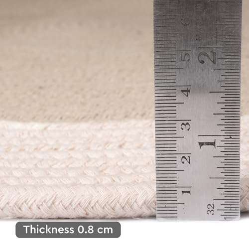 Image of Encasa XO Handmade Round Crochet Rug 2-Tone Circular Cotton Area Rug for Nursery, Bedroom & Living Room | Boho Modern Minimalist Floor Mat Natural Reversible Rugs | Beige & Off-White-1 (180 cm) | 6 Ft