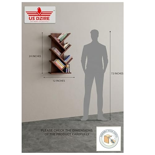 Image of Tree-Shaped Wall-Mounted Bookshelf, Wooden, 4-Tier Floating Book Rack for Living Room, Study, Brown