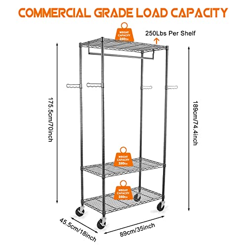 Image of WDT 3-Tier Metal Rack Heavy Duty Shelving with Wheels, Metal Stroage Rack with Shelves, Freestanding Shelf with Hanging Rod, Max Load 750LBS,35 inch Wx18 Dx74.4 H