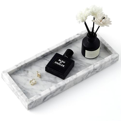Image of Real Natural Marble Tray for Bathroom, Vanity, Kitchen and Desktop, Rectangle Genuine Marble Stone Tray for Jewelry, Cosmetics, Candles, Lotion, Perfume and Home Decor, 12 inchx5 inch Size