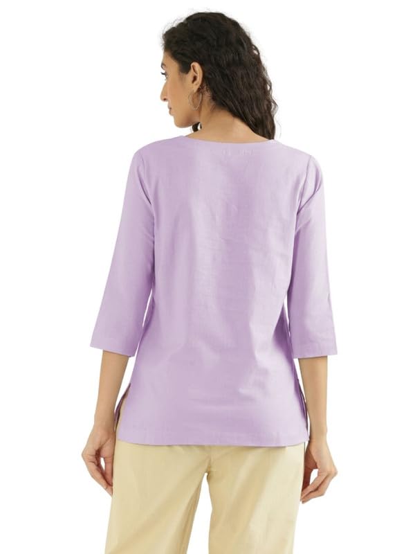 Image of SAADAA Airy Linen Split Neck Short Kurta for Women | Casual & Office Wear | 3 /4 Sleeves, Comfortable Fit | Elegant Top | Lightweight & Breathable Fabric |