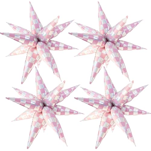 Image of Light Pink Balloons Iridescent Gingham Checkered Explosion Star Balloons Girls Just Wanna Be One Birthday Party Decor Emo Themed Party Decorations Bride Bachelorette Party Decor Supplies