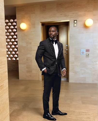 Men's Black Tuxedo Suit with Rhinestone Shawl Lapel, Single Breasted One Button2