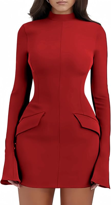 Haibang Robe Moulante à Manches Longues pour Femmes Sexy Mini Robe et Col Haut Élégante Robe Courte Y2k Bodycon Dress Chic Et Glamour pour Cocktail Party Fête Soirée Club Décontractée