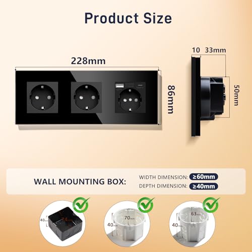 BSEED 3 Fach Steckdose Schuko Steckdose mit einem USB/Typ C 16Amp Unterputz Steckdose Glas Einbausteckdose mit USB 228mm Wandsteckdose Schwarz