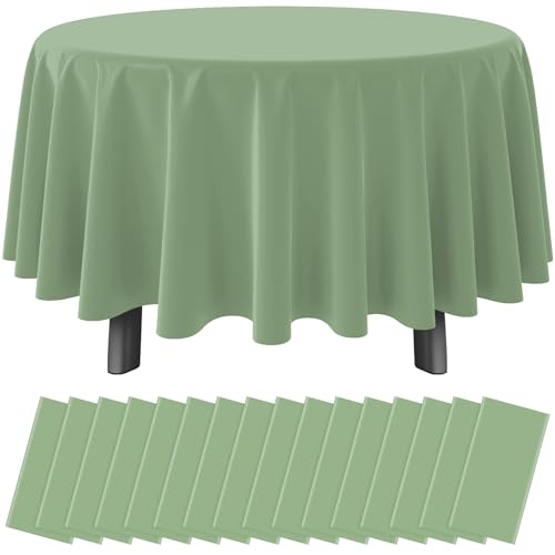 Image of Ragnhild 16 Pack Sage Green Plastic Tablecloths for Round Tables, Premium Decorative Sage Disposable Table Covers for Parties, Round Party Table Cover for Birthday Wedding Baby Shower Party, 84 Inch