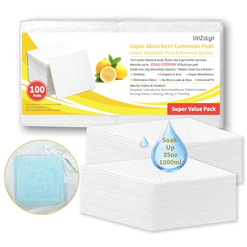 VinZolyn Lemon Scented Absorbent Pads for Commode, 100 Pcs, Light Scent Commode Pads for Bedside Commode Liners, Medical Grade, Disposable, Simple for Camping, Seniors and Disabled