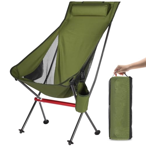 OKYUK Silla de Camping Plegable con Respaldo Alto con 2 Bolsillos de Almacenamiento y Bolsa de Transporte, Adecuada para para Exteriores, Playa, Pesca Senderismo para Adultos (Verde)