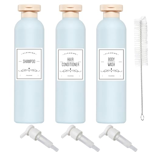 Qeuly Squeeze Bottles with Pump Dispenser and Flip Cap, 8.8 oz Refillable Travel Containers for Toiletries, Plastic Travel Shampoo and Conditioner Bottles (Blue 260)