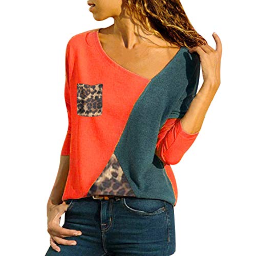 Haut Chic, YUYOUG Chemisiers Femme Mode Casual Léopard Patchwork Color Block Manches Longues T-Shirt Blouse Tops Sportifs Décontractés (Medium, Red)