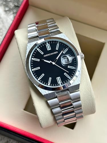 Image of AMERICANVIBER Men's Silver Stainless Steel Watch, Vibrant Green Sunburst Dial, Quartz Analog Movement, Date Display, Faceted Bezel for Men