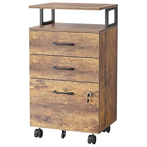FEZIBO File Storage Rolling Cabinet with Lock for Home Office, 3-Drawer, A4/Letter/Legal Size, Printer Stand, Wooden, Rustic Brown Cover