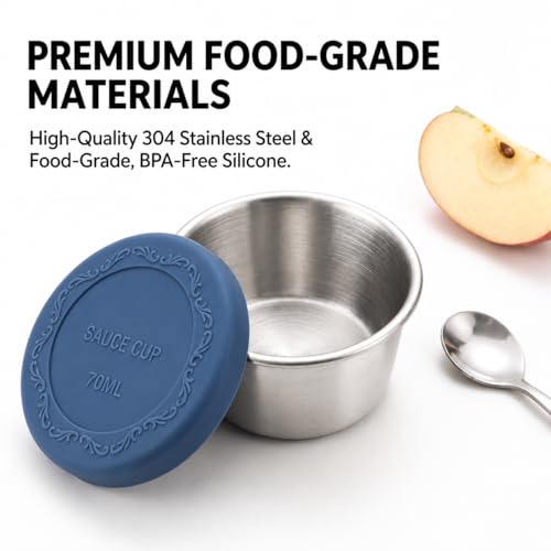 Newception 6pcs 2.4oz Stainless Steel Condiment Cups with Leak-Proof Lids - Perfect for salads, dips, and sauces. Portable design ideal for picnics, travel, and meal prep. Reusable & easy to clean — view 5