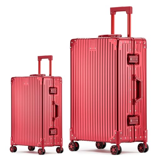 ロック付きプレミアムオールアルミ製機内持ち込み用スーツケース | ジッパーレスデザイン | 静音ロータリーホイール | ビジネススーツケースセット (ブラック、28インチ)(Red,2Piece(20/28))