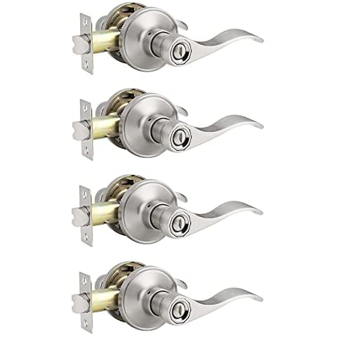 Contemporary Satin Nickel Privacy Modern Door Lever Hardware (Bed and Bath), Keyless Turn-Button Wave Style Drop Door Handleset, Home or Office Use, Reverisable Door Locks 4 Pack Cover