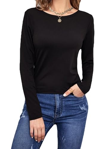 LilyCoco Womens Backless Long Sleeve Top Boat Neck Sexy Tie Back Shirt Solid Tee2