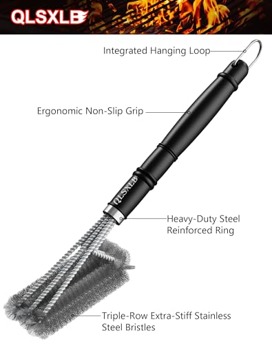 QLSXLB Grillbürste, Edelstahl Bürste Grill, Grillrost Bürste, Grill Reinigungsbürste Langer Griff, Drahtbürste für Gasgrill, Holzkohlegrill und Elektrogrill