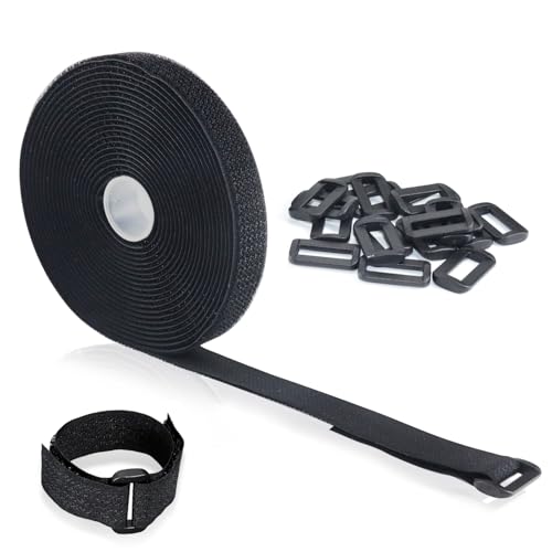 Qcdou Adjustable Cable Straps, 1 Roll 2cm x 5m Cable Ties with 20 Buckles, Hook and Loop Tape, Reusable Cord Organiser, Free Cut Length, Elastic Fastening Straps(B)
