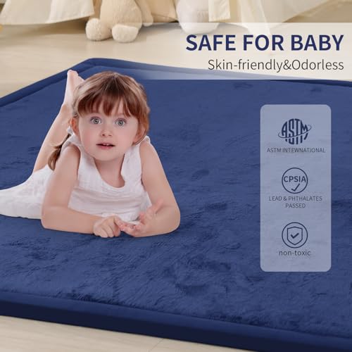 Image of ACOMOPACK Baby Play Mat for Floor 1.3 inch Thick Memory Foam Play Mat 71 inchx79 inch Tummy Time Crawling with Non-Slip Bottom for Living Room,Nursery,Soft Velvet Playpen Mats for Kids,Infants(Royal Blue)