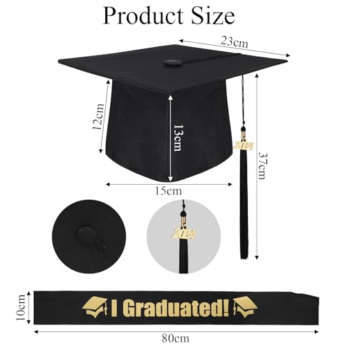 Farnirvana Abschluss Hut, 2025 Doktorhut Set mit Schärpe für Abschlussfeiern, Unisex Bachelor Hut, Akademischer Graduation Deko für Abitur Bachelor Master Abschlussfeiern - Schwarz