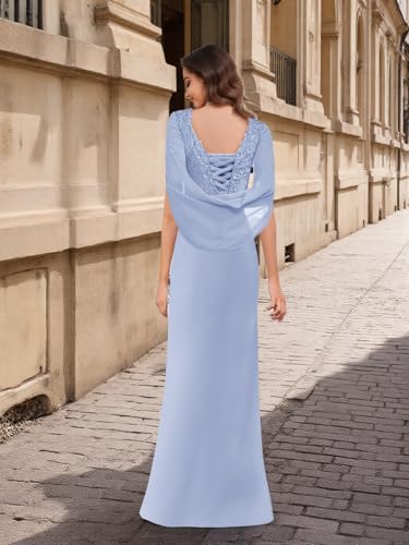 Mother of The Bride Dresses for Wedding Long Mermaid Ruched Chiffon Lace Formal Evening Gown with Cape JH0302