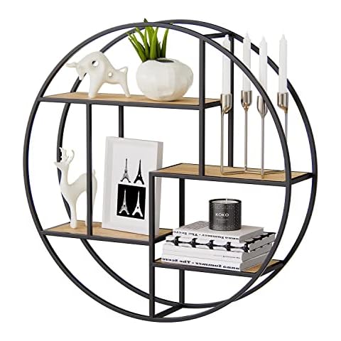 GLCS GLAUCUS Floating Shelves Wall Mounted,Rustic Decor Wood Wall Shelf Round Metal Wall Mount Display Organizer Holder for Home Decor,Black (L, Wood Round Black) Cover