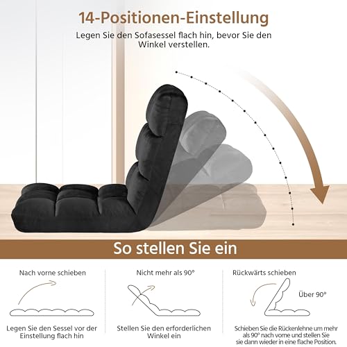 Yaheetech Bodenstuhl Faltbar, Lazy Sofa, Relaxsessel klappbar, Meditationsstuhl, Bodensessel mit Verstellbarer Lehne, Lesesessel für Zuhause oder Büro Schwarz