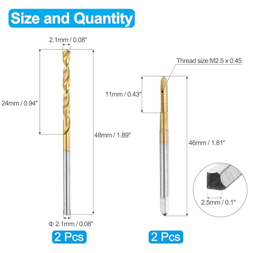QUARKZMAN Gewindebohrer und Bohrer Set, M2,5 x 0,45 Metrische Spiralpunktgewindebohrer & 2,1 mm Spiralbohrer, Titanbeschichteter HSS-6542 Gewindeschneidwerkzeugsatz, 2 Stück