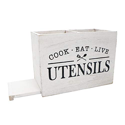 Karisky Solid Wood Kitchen Utensil Holder with 2 Compartments, Large Rustic Farmhouse Utensil Set for Countertop 9.45 x 6.69 x 4.72 Inch, White