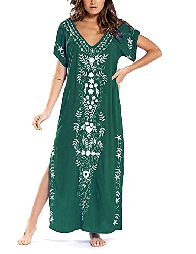 JENJON Robe de Plage Longue Femme Imprimé Floral Paréo Loose Chemisiers Blouses pour Maillot de Bain Bikini Cover Up Beachwear Vert Taille Unique