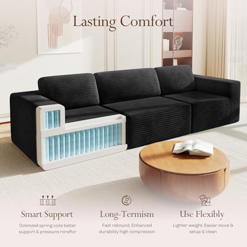Image of Vesgantti 119 inch Modular Sectional Sofa, Corduroy Cloud Couch with Deep Seating & Spring Support, 3 Seater Flexible Layout Sofa, Boneless Couch for Living Room & Apartment, No Assembly Required, Black