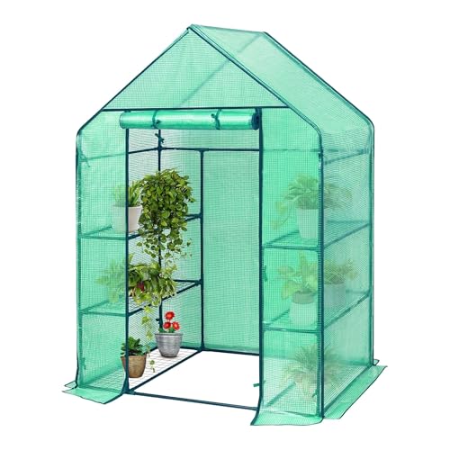 SG Walk In Greenhouse with 6 Shelves - Weatherproof Garden Grow House with PE Cover - Portable Heavy Duty Frame Outdoor Green House for Garden Roll-Up Door Panel with Zipper Easy to Assemble